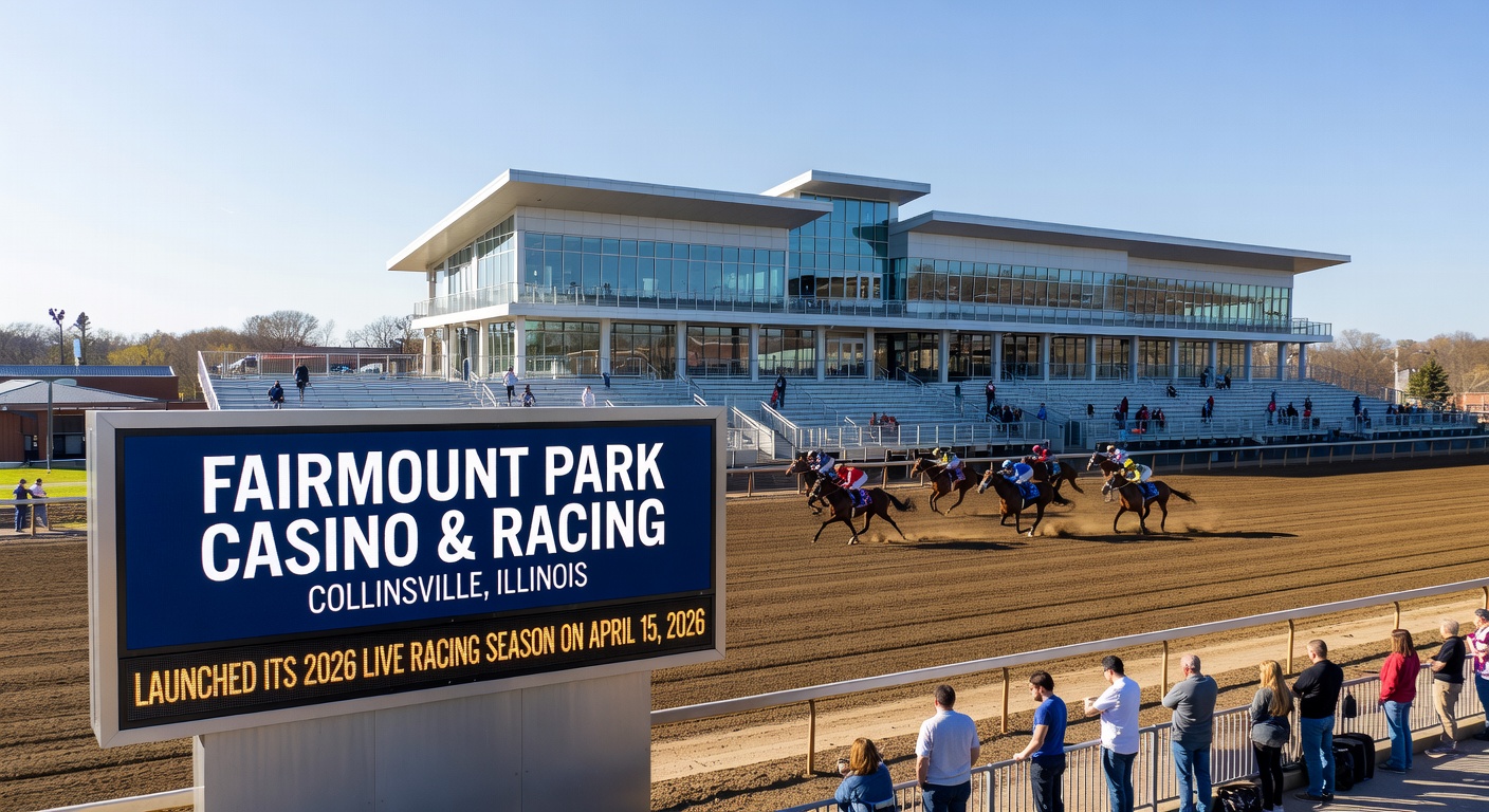 Close-up of jockey urging a horse forward at Fairmount Park, dirt flying, with the grandstand blurred in excitement
