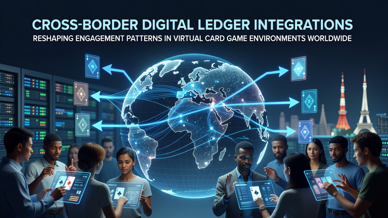 Illustration of interconnected digital ledger nodes linking virtual card game platforms across continents