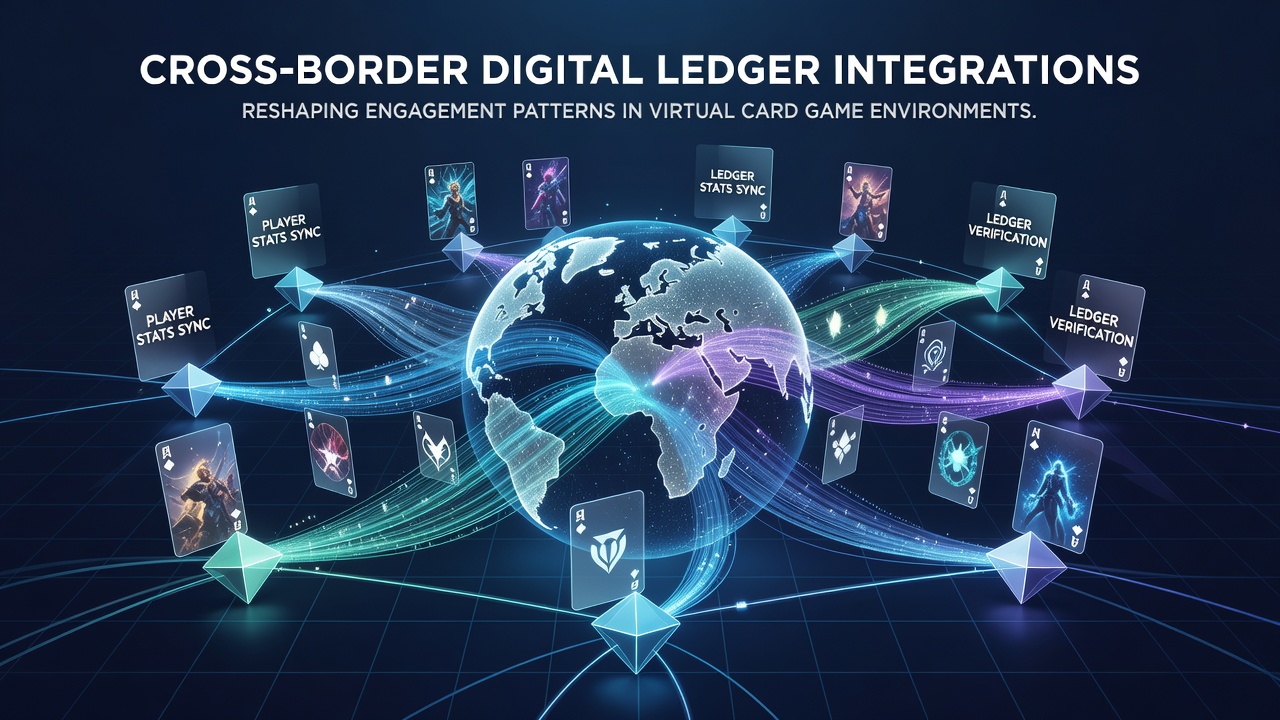 Global map highlighting virtual card game servers connected via digital ledger pathways