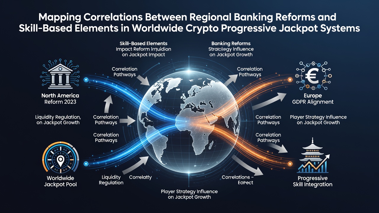 Visual representation of global banking reforms intersecting with crypto progressive jackpot networks and skill mechanics
