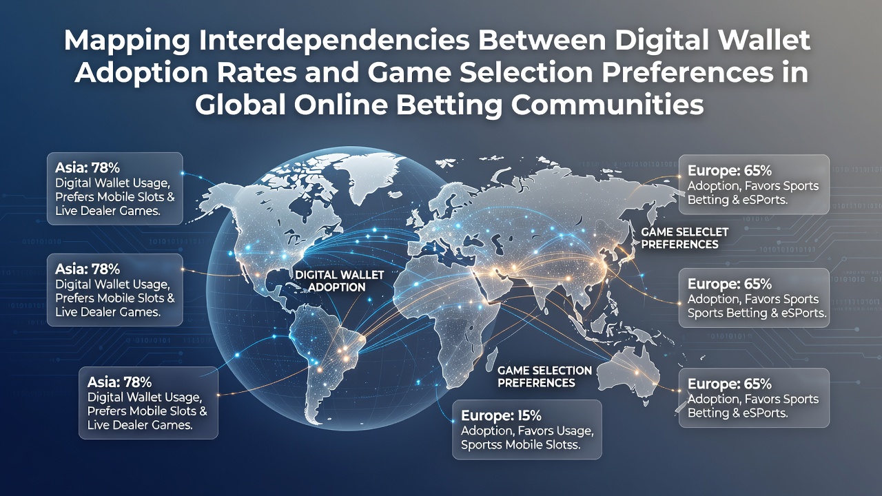 Global map showing digital wallet adoption rates overlaid with online betting game preferences across major regions
