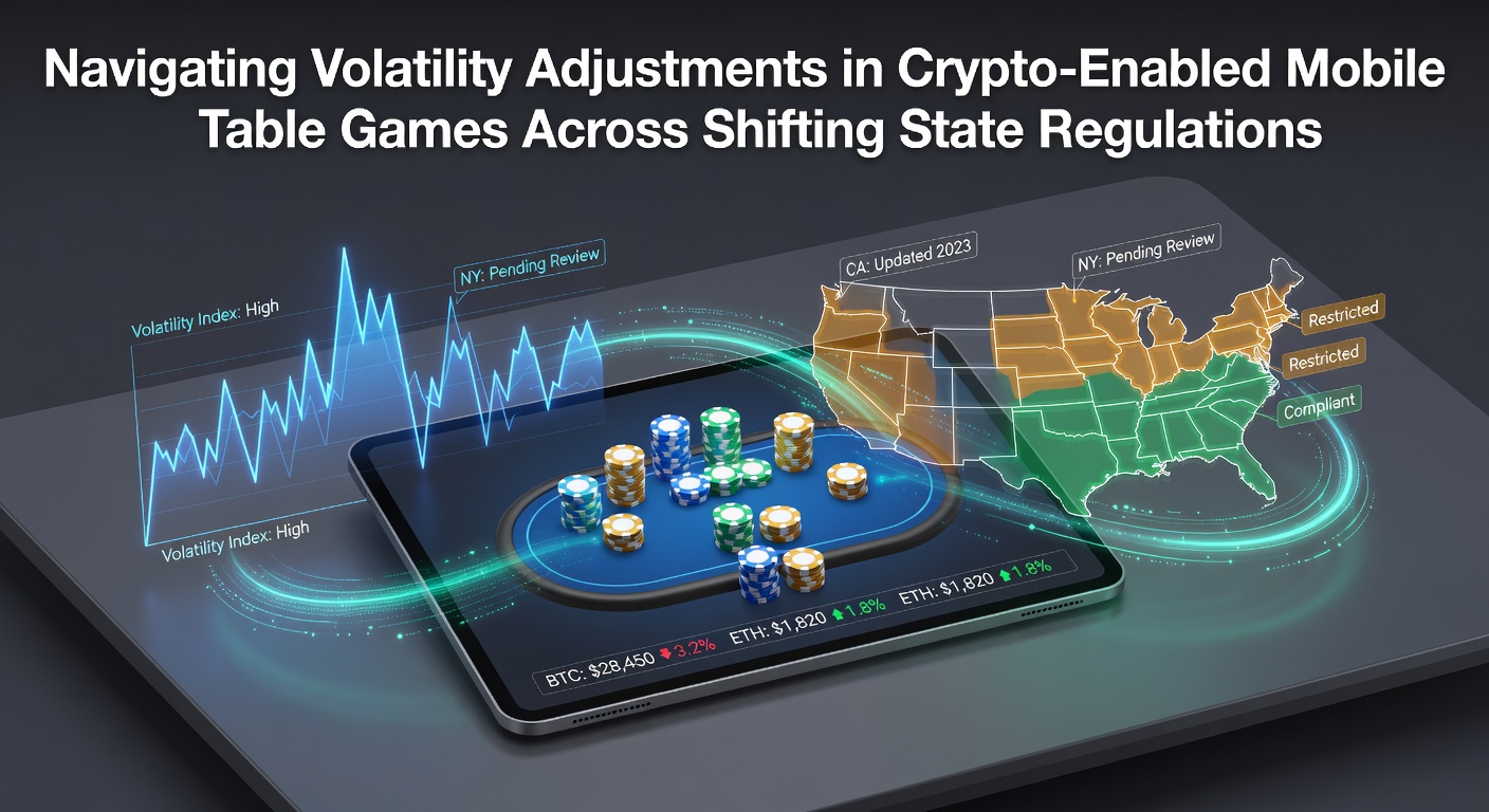 Mobile device displaying crypto-enabled table game interface with volatility adjustment indicators and state regulatory overlays