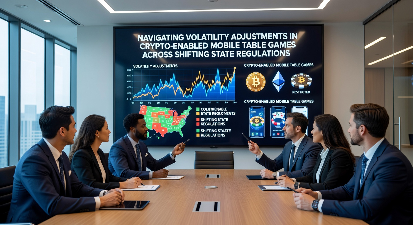 Developers reviewing volatility metrics on multiple screens showing crypto table game simulations and state compliance dashboards