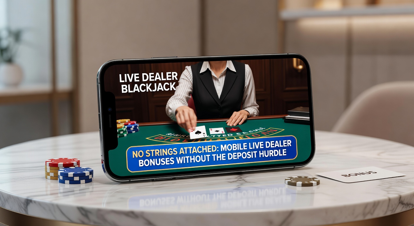 Smartphone displaying a live dealer blackjack table with a no-deposit bonus popup, highlighting mobile gaming freedom