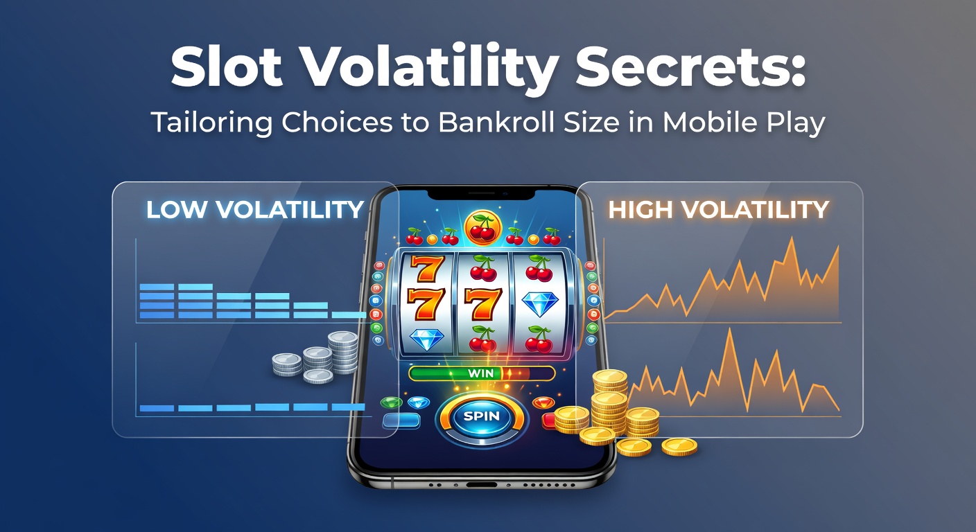 Colorful slot reels spinning on a mobile screen, highlighting low, medium, and high volatility icons with bankroll symbols