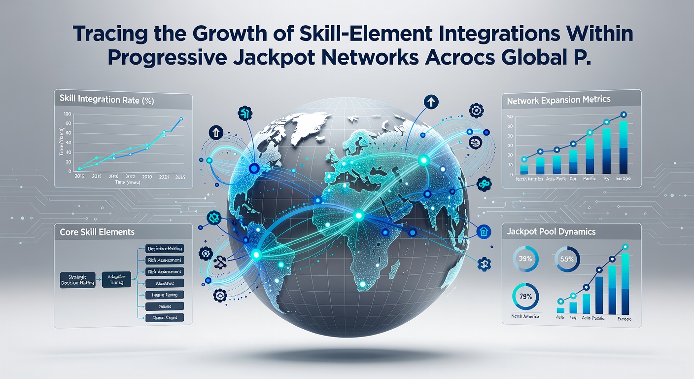 Network diagram showing skill elements feeding into progressive jackpot pools across different global casino platforms