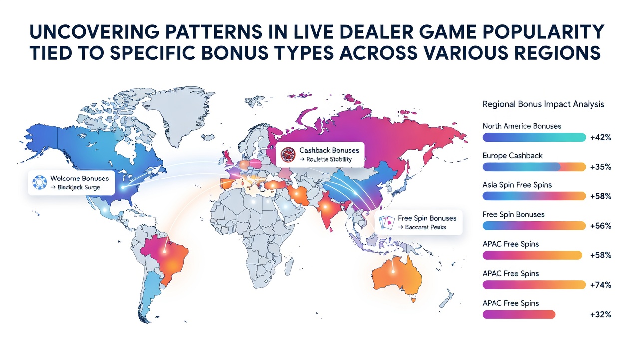 Charts displaying correlations between bonus types and live dealer game selections by region